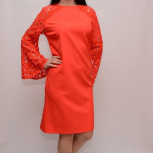 Rochie de ocazie in nuanta de corai, material elastic si dantela - Img 6