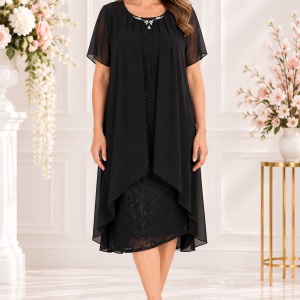 Rochie de ocazie, masuri mari, din dantela si voal culoare neagra