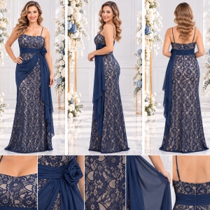 Rochie de seara chic, lunga, cu parti din dantela rafinata, pe bleumarin - Img 2