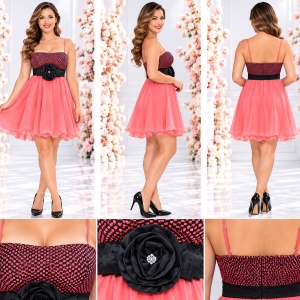 Rochie de seara, corai, cu broderie, brosa si esarfa neagra - Img 2