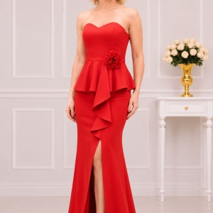 Rochie de seara lunga, culoare rosie, cu bretele detasabile