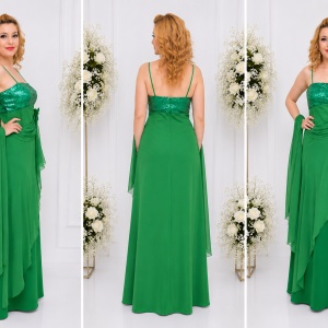 Rochie de seara lunga, de nuanta verde, design modern, din saten si voal - Img 3