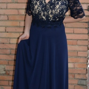 Rochie de seara lunga, masura mare, din voal si dantela bleumarin - Img 2