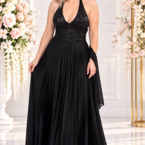 Rochie de seara lunga neagra, cu insertii de paiete in partea de sus