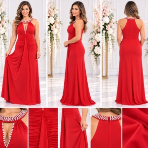 Rochie de seara lunga, rosie, cu design din margele albe in zona gatului - Img 2