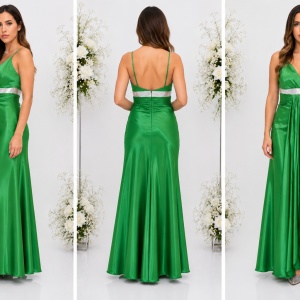Rochie de seara lunga, verde, decolteu in V, bretele subtiri - Img 3