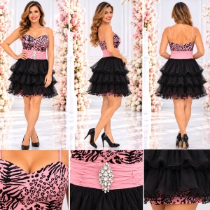 Rochie de seara scurta, animal-print, o parte detasabilla, roz cu negru - Img 3