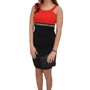 Rochie de seara scurte, pe rosu cu negru, design modern si fronsat - Img 1