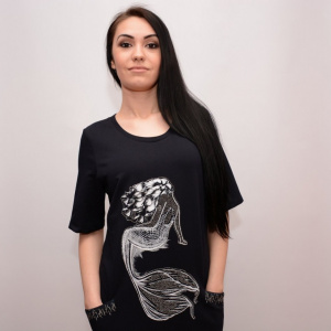Rochie de tineret cu maneca scurta, bleumarin, cu imprimeu alb - Img 2