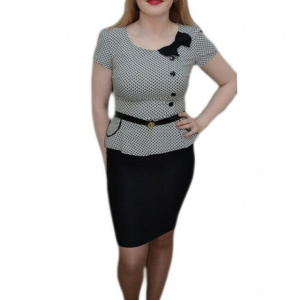Rochie de vara cu peplum, neagra jos si cu design pepit sus - Img 1