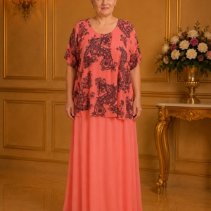 Rochie de vara culoare de corai cu imprimeu bleumarin