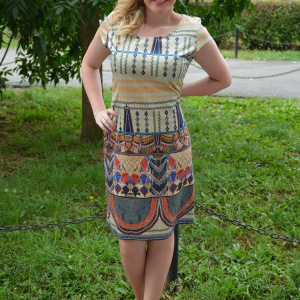 Rochie de vara, de culoare bej, cu imprimeu abstract multicolor - Img 4