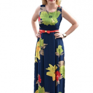 Rochie de vara, lunga, fara maneci, cu flori rosii, galbene si verzi - Img 1