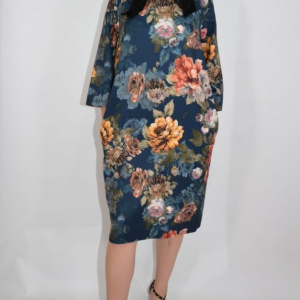 Rochie de zi Fevine cu model floral tip mozaic pe fundal bleumarin - Img 2