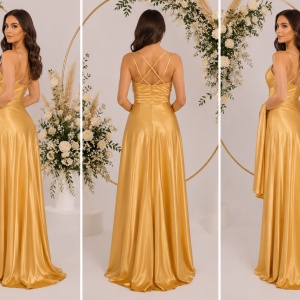 Rochie deosebita de gala, design modern, cu trena, din saten auriu - Img 3