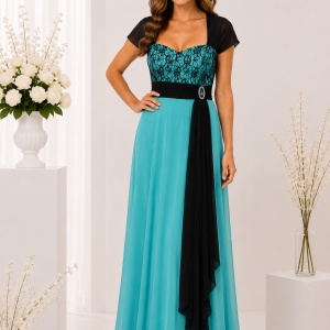 Rochie deosebita de gala, lunga, pe fond turcoaz cu insertii negre