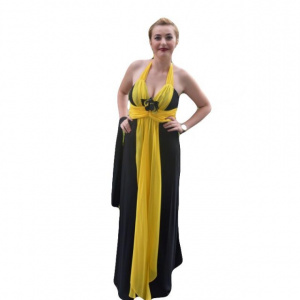 Rochie deosebita de gala, neagra cu insertii galbene, lungime maxi