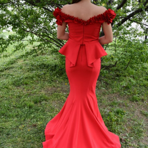 Rochie deosebita de seara, rosie, tip sirena cu peplum in talie - Img 5