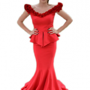 Rochie deosebita de seara, rosie, tip sirena cu peplum in talie - Img 1