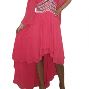 Rochie deosebita, pentru ocazii speciale, asimetrica, pe nuanta de corai - Img 1