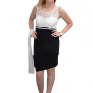 Rochie din dantela rafinata, esarfa fashion, negru-alb - Img 1
