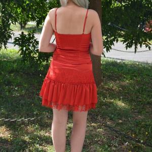 Rochie din doua piese, de culoare rosie, din saten si dantela - Img 5