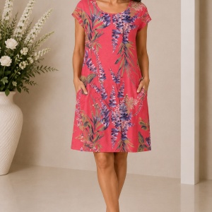 Rochie din In Coral Bloom – Imprimeu Botanic și Buzunare Laterale