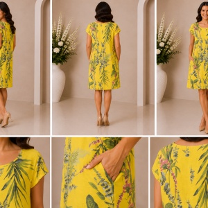 Rochie din In Galbenă cu Imprimeu Floral și Buzunare Laterale - Img 2