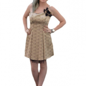 Rochie din saten bej cu buline maro, model elegant - Img 1