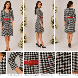 Rochie eleganta Avelia cu decolteu petrecut,model pepit,evazata,nuanta alb-negru - Img 3