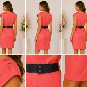 Rochie elegantă corai cu curea contrastantă și detalii decorative - Img 2