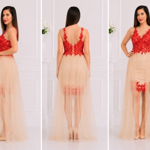 Rochie eleganta cu lungime asimetrica, insertii de tul si broderie - Img 3