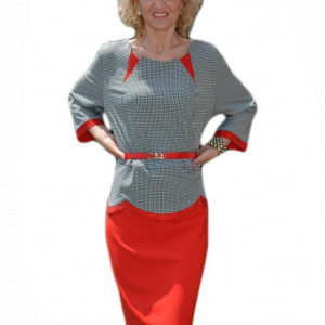 Rochie eleganta cu peplum, cu design pepit si partea de jos rosie - Img 1