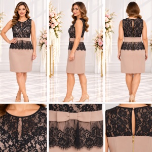 Rochie elegantă damă bej pudrat cu dantelă neagră și fundă – croială feminină - Img 2