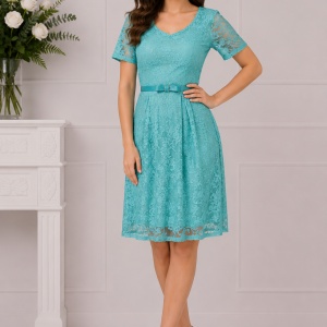 Rochie eleganta din dantela, de nuanta turcoaz, cu croiala lejera