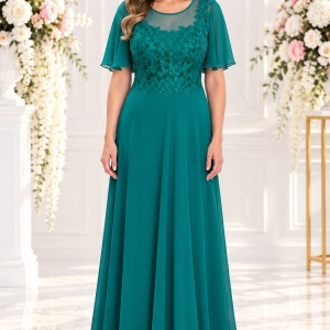 Rochie eleganta din voal combinat cu dantela si perle, greenery