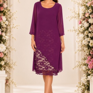 Rochie eleganta din voal si dantela mov cu captuseala bej
