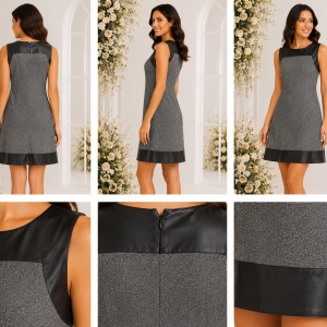 Rochie elegantă gri-negru cu inserții contrastante - Img 2