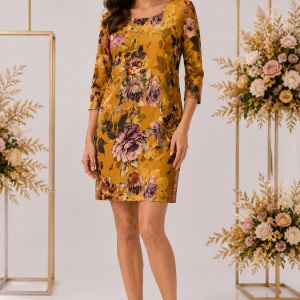 Rochie elegantă muștar cu imprimeu floral și mâneci 3/4