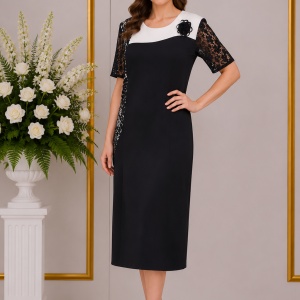 Rochie eleganta, nuanta bleumarin-alb cu design de dantela