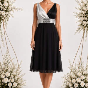 Rochie eleganta ,nuanta de argintiu-negru cu cristale in talie