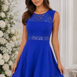 Rochie elegantă scurtă cu dantelă florală – Albastru Regal