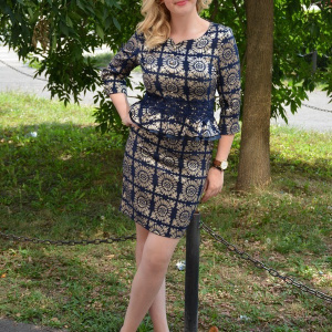 Rochie eleganta tip costum, de culoare bleumarin, cu imprimeu - Img 5