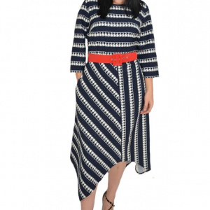 Rochie eleganta Zoey .model cu dungi pepit si croi asimetric,nuanta de bleumarin - Img 1