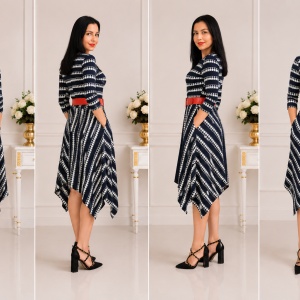 Rochie eleganta Zoey .model cu dungi pepit si croi asimetric,nuanta de bleumarin - Img 3