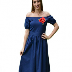 Rochie fashion de zi, de culoare bleumarin, cu floare brodata - Img 1