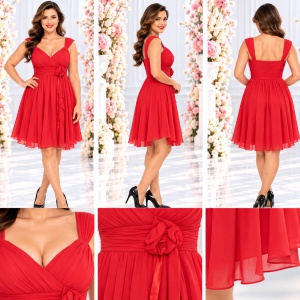 Rochie in nuanta de rosu, bretele interesante, floare aplicata - Img 2