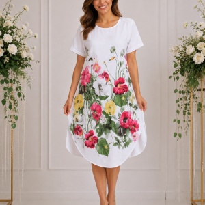 Rochie lejeră din in și bumbac cu imprimeu floral – albă, croi confortabil de vară