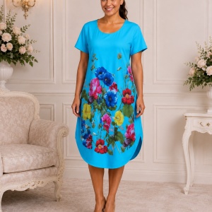 Rochie lejeră din in și bumbac cu imprimeu floral – albastru deschis, croi confortabil de vară