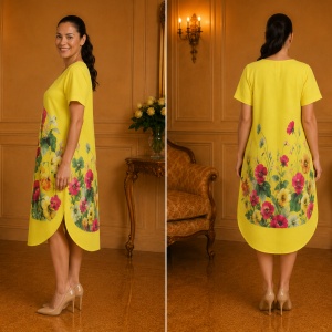 Rochie lejeră din in și bumbac cu imprimeu floral – galben, rosu, confortabil de vară - Img 3